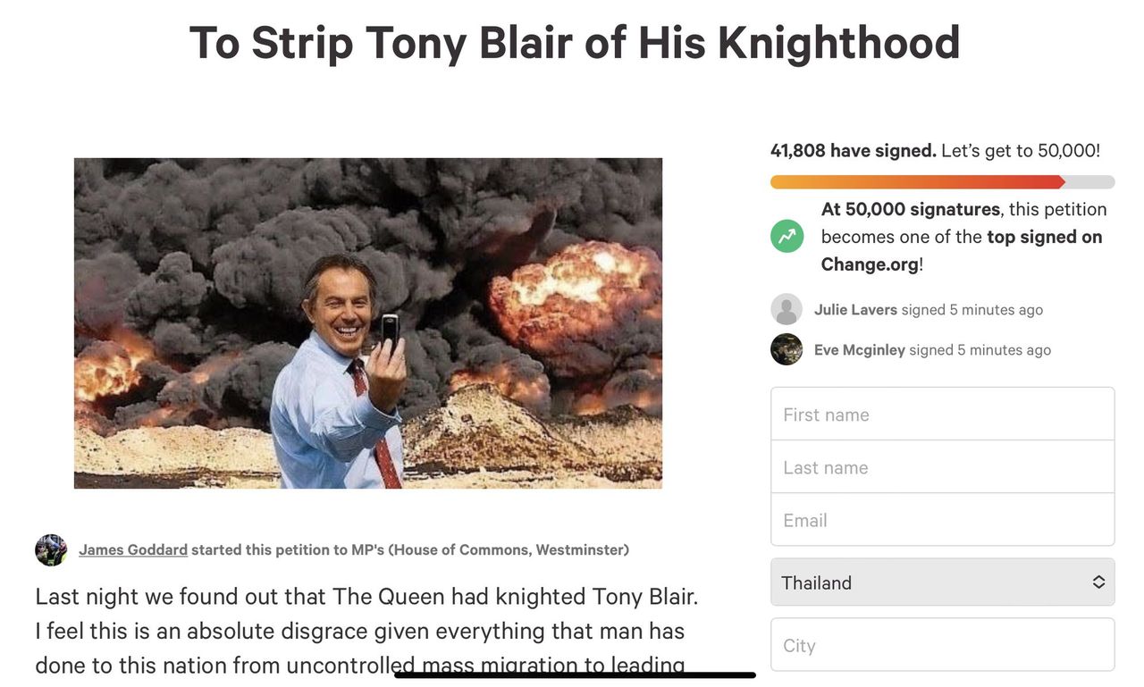 50,000 sign petition for “Sir” (war criminal) Tony Blair to be stripped of knighthood